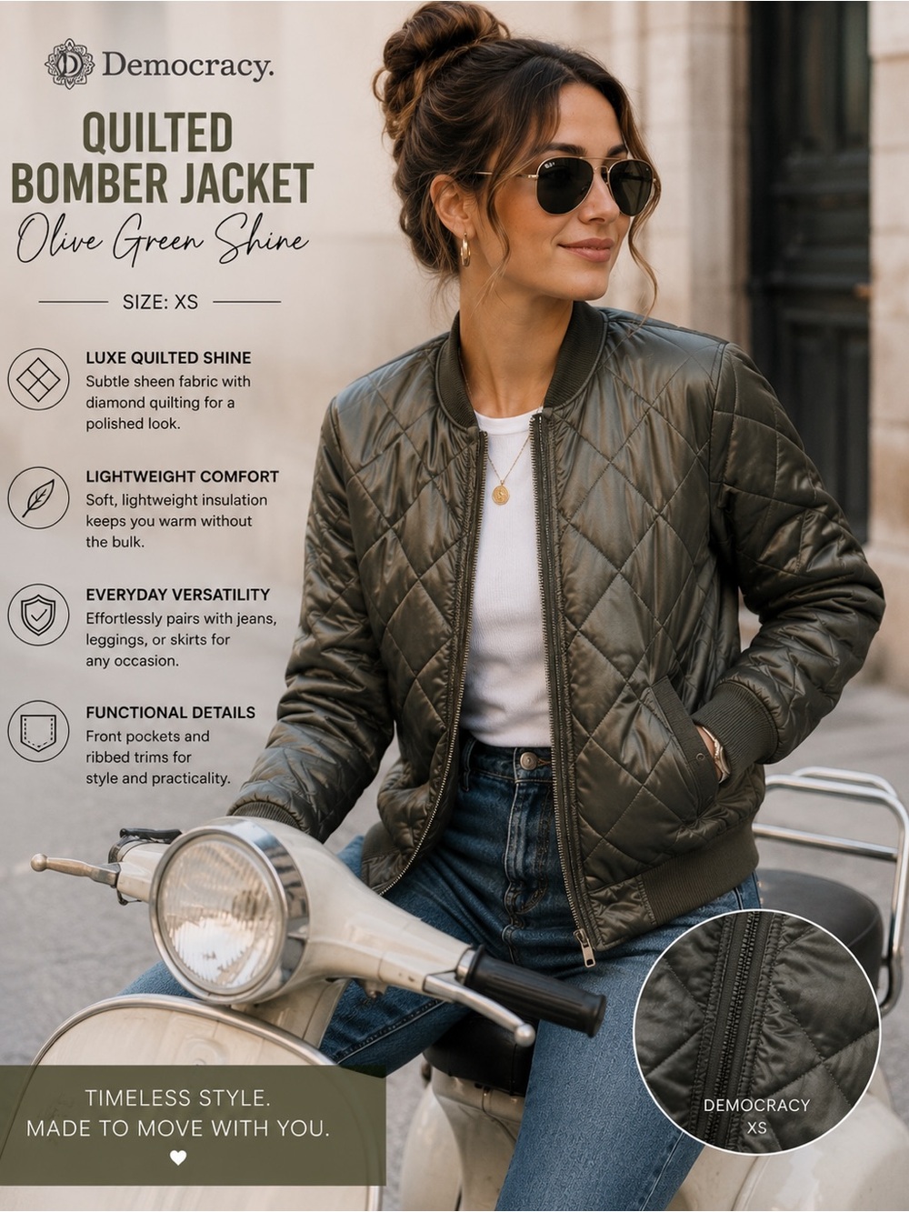 Democracy Quilted Bomber Jacket XS Olive Green Lightweight Puffer Coat